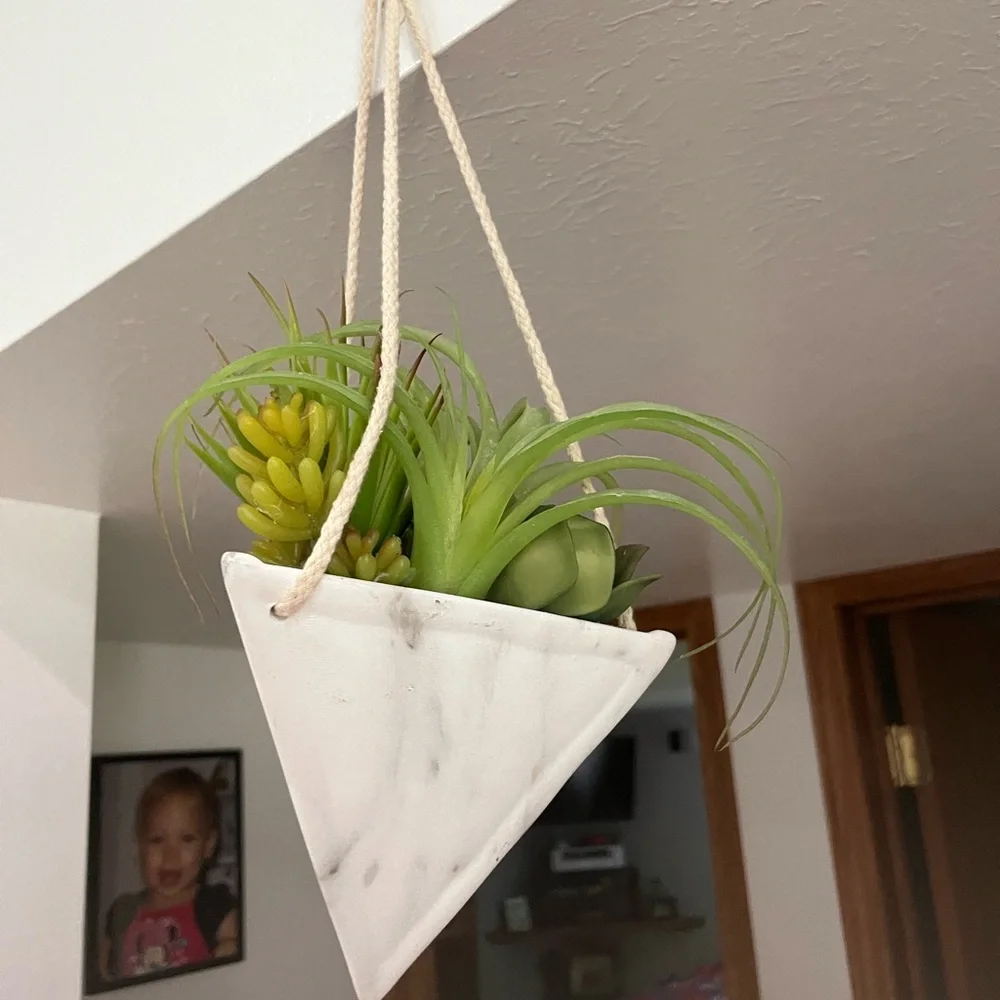 Marble Hanging Planter with Fake Green Succulent.